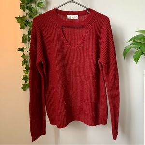 Pink Rose V-Neck Keyhole Long Sleeve Sweater Top